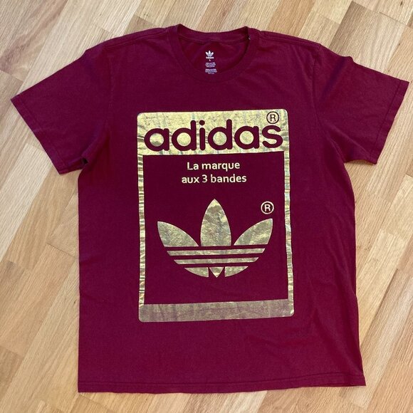 Adidas La Marque Aux 3 Bandes Deep Red Gold Foil T Shirt Size Large - Picture 5 of 5